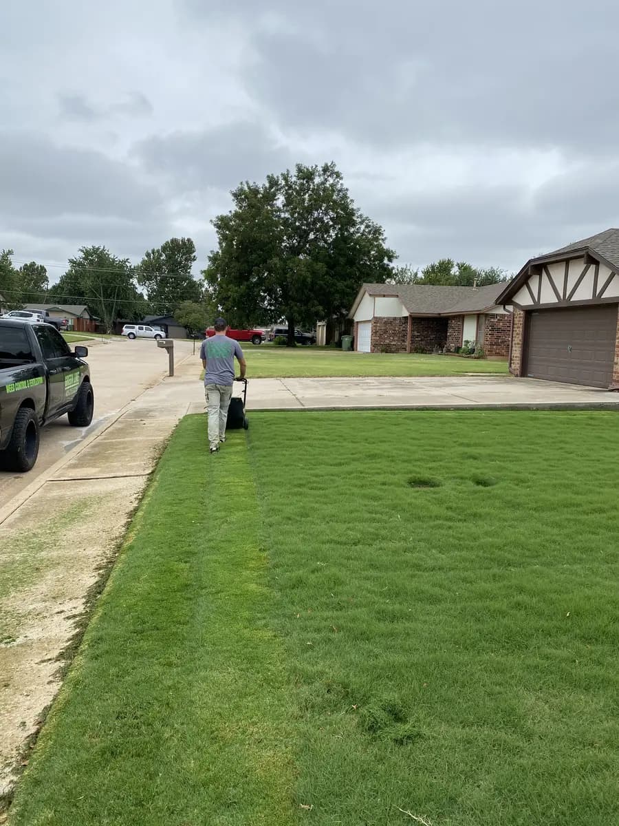Greenline crew member mowing a residential front lawn
