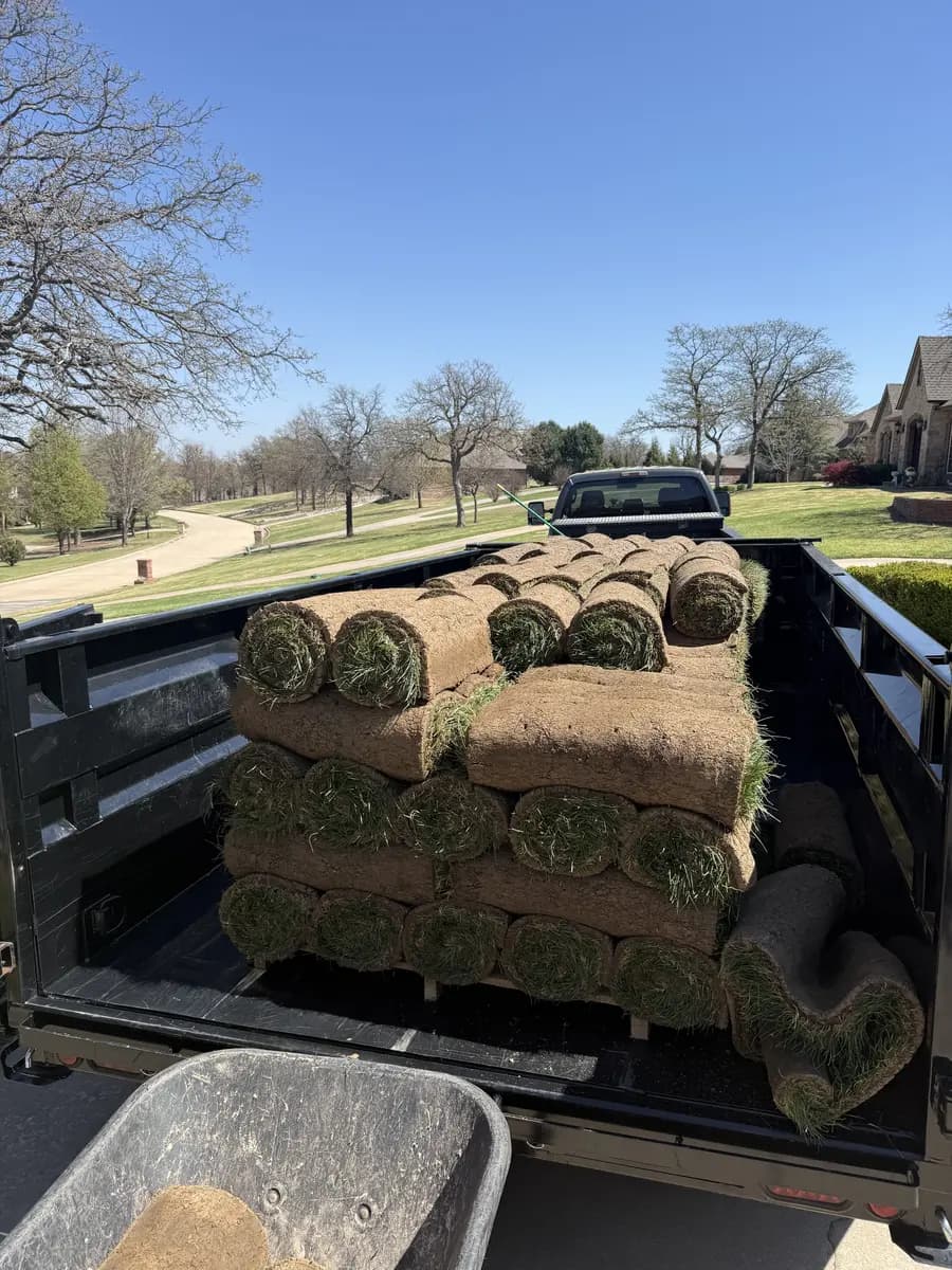 Stacks of rolled sod in a dump trailer with a wheelbarrow ready for unloading